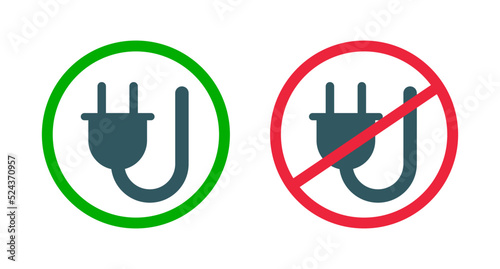 Outlet available sign and outlet not available sign. Charging permitted and charging prohibited sign set. Power supply permission icon set. Vector.