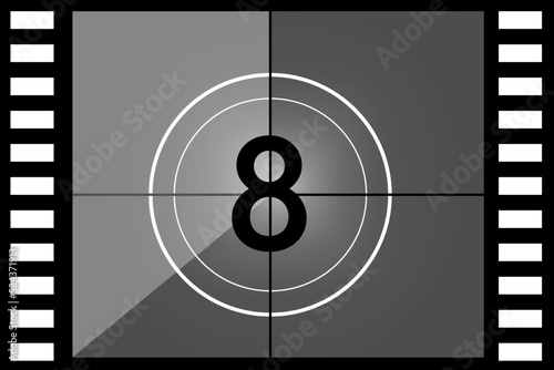 Old movies timer counter number eight. Vector illustration. Stock image. 