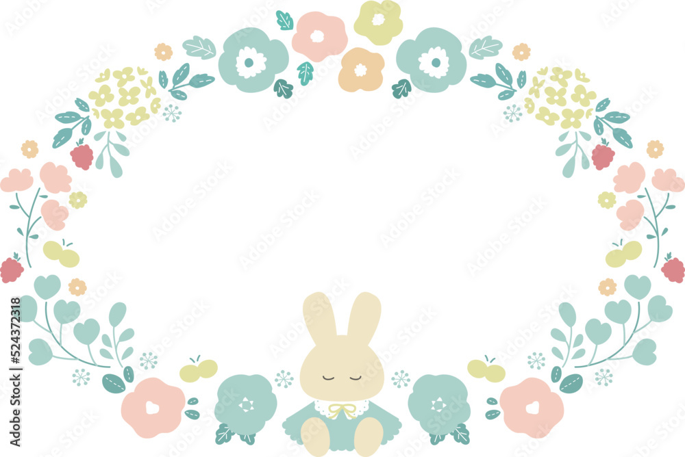 パステルカラーなフラワーリースと子うさぎ ベクターデザイン