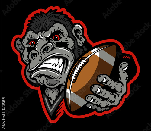 mad gorilla mascot holding football for school, college or league