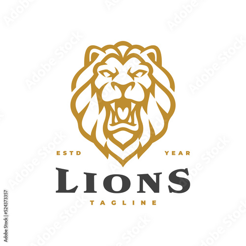 Angry lion head mascot logo design. Roaring lion line art vector illustration