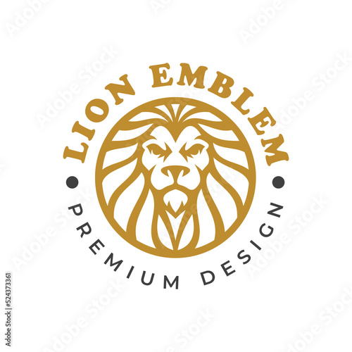 Vintage hipster lion head and circle emblem logo design. Lion line art vector icon