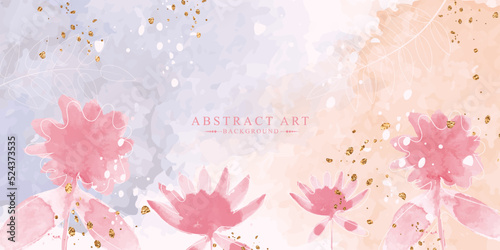 Abstract watercolor art botanical vector background. Luxury watercolor art wallpaper. flower and leaves with gold glitter. Minimal design for text, prints and packaging. 