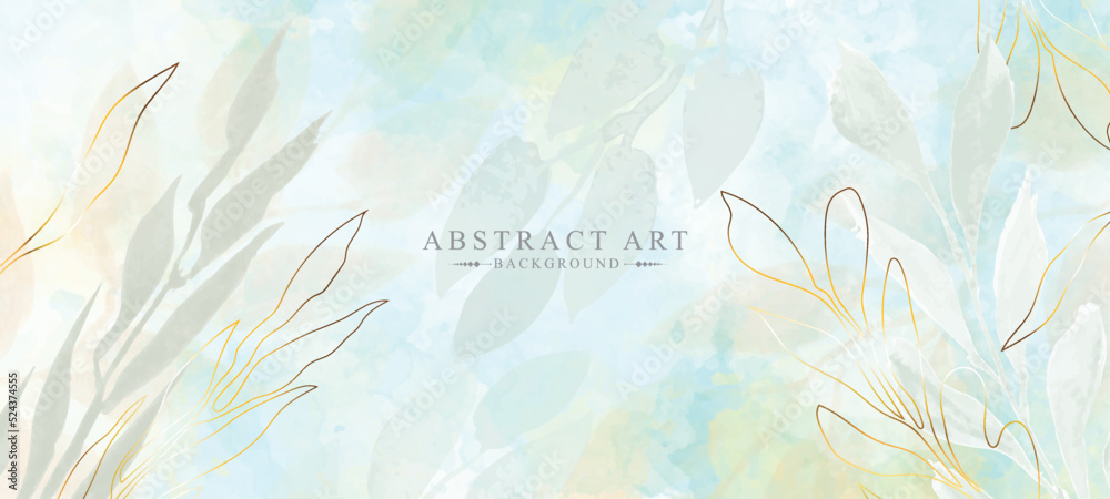 Abstract art vector background. Minimal luxury style wallpaper with gold line art flower and spring botanical leaves, watercolor, organic shapes. Banner for vector background, web, packaging, poster.