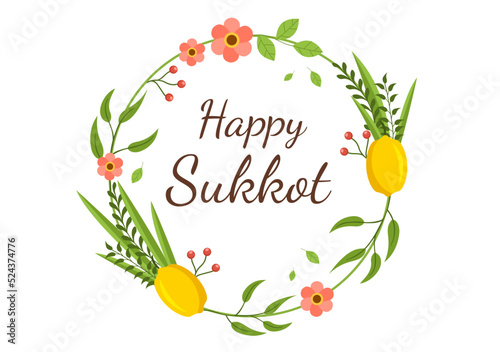 Happy Jewish Holiday Sukkot Hand Drawn Cartoon Flat Illustration with Sukkah, Etrog, Lulav, Arava, Hadas and Decoration Background Design