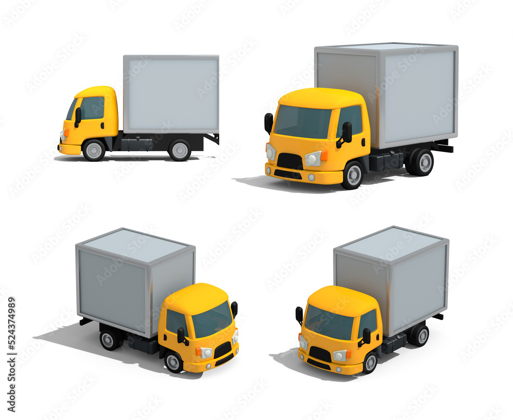 3d illustration. Cartoon little car cargo van. A set of renderers in different angles 3d illustration. Cartoon little car cargo van. A set of renderers in different angles