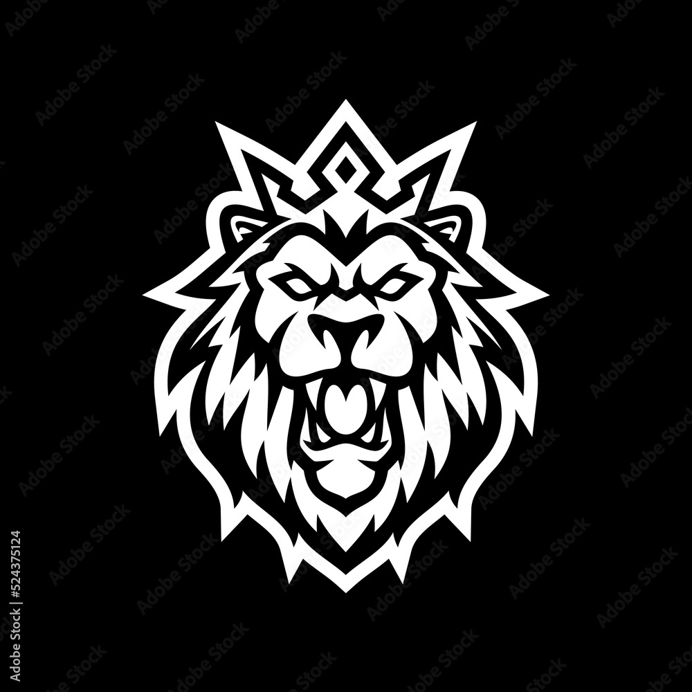 Lion king line art or silhouette logo design. Lion head with crown vector illustration on dark background Lion king line art or silhouette logo design. Lion head with crown vector illustration on dark background