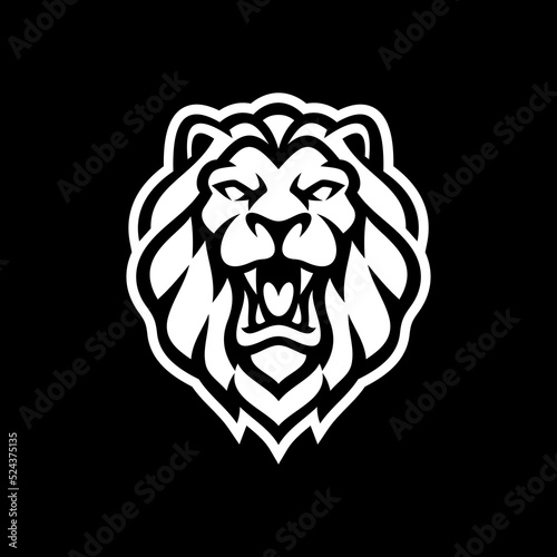 Fototapeta Naklejka Na Ścianę i Meble -  Angry roaring lion head line art or silhouette logo design. Lion face vector illustration on dark background