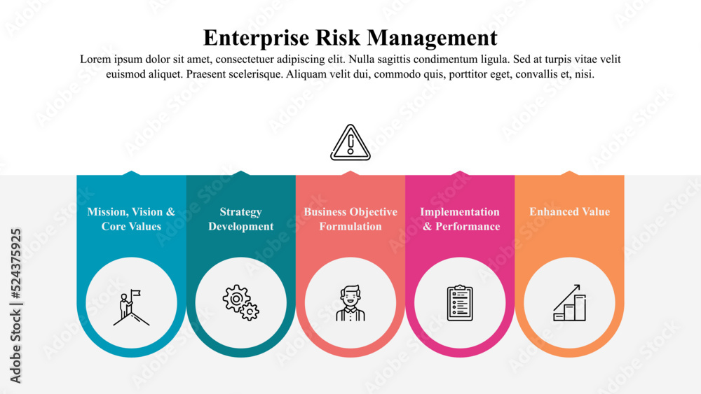 Infographic presentation template of enterprise risk management framework with icons and text space.