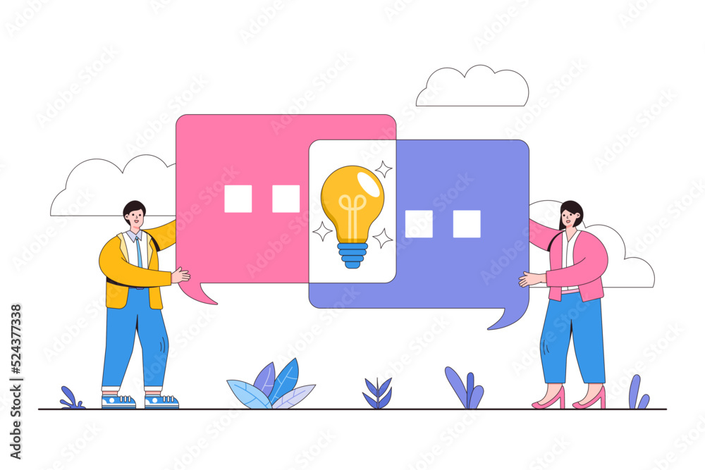 Good communications skills, speak to explain thinking, brainstorm in meeting, work discussion and receive information concept. Businesspeople talk with connect speech bubble and create lightbulb idea