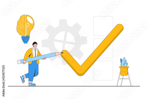 Finish several task with single action, efficiency to success, and hitting many goals with low effort concepts. Smart businessman create big check signs using pencil to complete multiple job at once