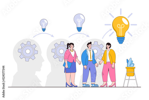 Sharing business ideas, colleagues exchange information, collaboration to thinking together concepts. Businesspeople discussing to transfer knowledge between head with gears until reaching lightbulb