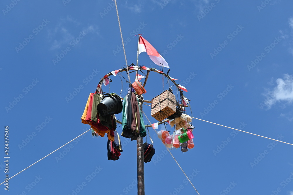 pole nut containing gifts in celebration of Indonesia's independence day, 17 august. Panjat pinang. 