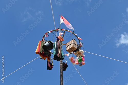 pole nut containing gifts in celebration of Indonesia's independence day, 17 august. Panjat pinang. 