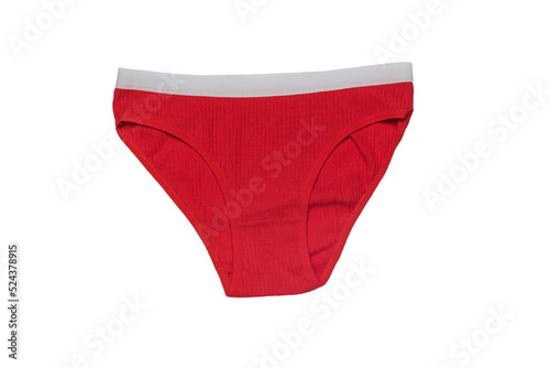 Bright red women's panties with a white stripe isolated on a white background. Minimal concept of women's underwear.