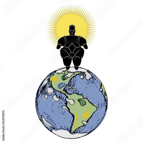 Goddess Gaia. Neolithic female figurine from Çatalhöyük standing on planet Earth with sun as her halo. Creative mythological and environmental concept.