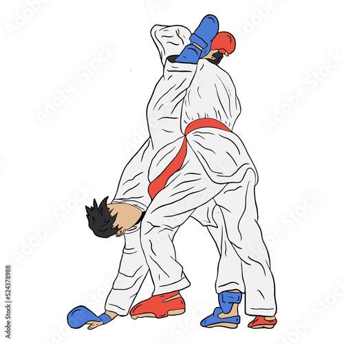 illustration of karate sparing gyaku mawashi geri 3 point kick in kumite 
