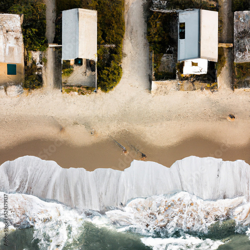 Fotografiet aerial view of coastline, beach, ocean, waves, oceanside town