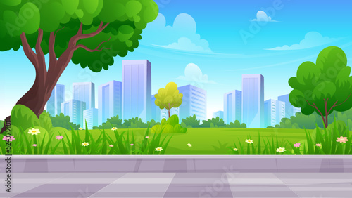 Spacious terrace urban garden, with green lawn, trees and skyscraper buildings under the blue sky, beautiful City park Scenery landscape