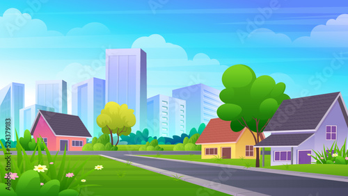 Suburban House with green yard, Residential landscape with green grass, trees, and skyscraper buildings under the blue sky