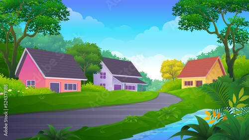 Residential in the village, with lush grass and trees, roads and rivers, beautiful rural cartoon landscape