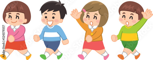 並んで歩く笑顔の子供たち　交通安全