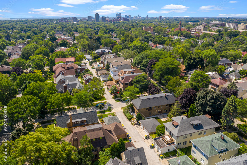 Aerial view of Shorewood WI taken from approx Downer Ave and Olive St looking south towards downtown Milwaukee WI