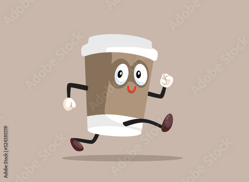 Funny Disposable Coffee Cup Character Running with Energy Vector Cartoon. Happy cheerful mascot experiencing caffeine stimulation 
