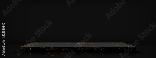 Black pedestal with marble pattern on dark black background. Empty square base in luxury design for product display, advertising, sale, and show. Vector illustration.