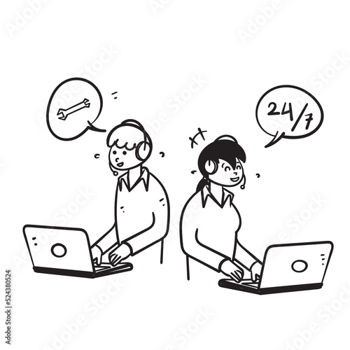 hand drawn doodle Customer service center agent illustration vector