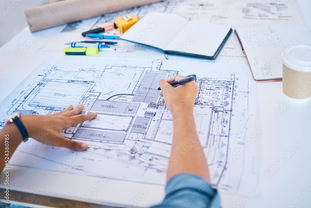 Architect sketching, planning or drawing an architectural design plan or blueprint diagram with draw tools, equipment and stationery. POV hands of man busy working on new designing project structure Architect sketching, planning or drawing an architectural design plan or blueprint diagram with draw tools, equipment and stationery. POV hands of man busy working on new designing project structure