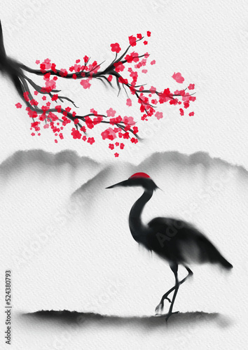 Fotografie, Tablou Hand painted traditional Japanese themed wall art with sakura and heron
