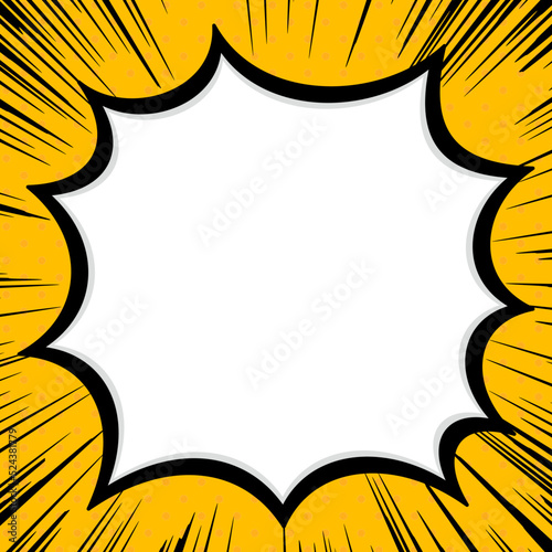 黒い集中線と強調して告知する叫ぶふきだし正方形フレーム　黄色背景