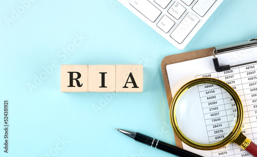 RIA Rich Internet Application word on wooden cubes on blue background with chart and keyboard photo