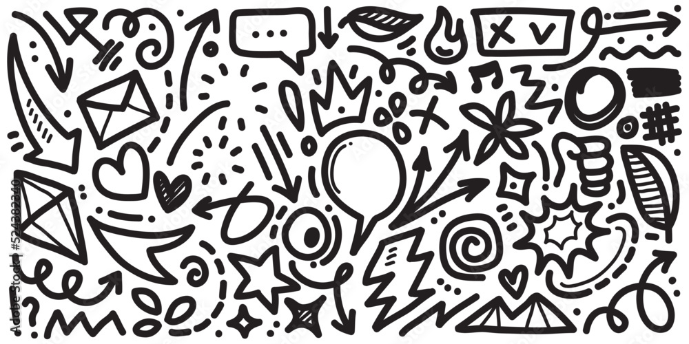 Hand drawn set elements, Abstract arrows, ribbons, hearts, stars, crowns and other elements in a hand drawn style for concept designs. Scribble illustration. Vector illustration.