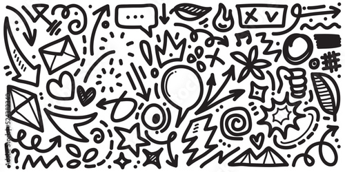 Hand drawn set elements, Abstract arrows, ribbons, hearts, stars, crowns and other elements in a hand drawn style for concept designs. Scribble illustration. Vector illustration. © dadan