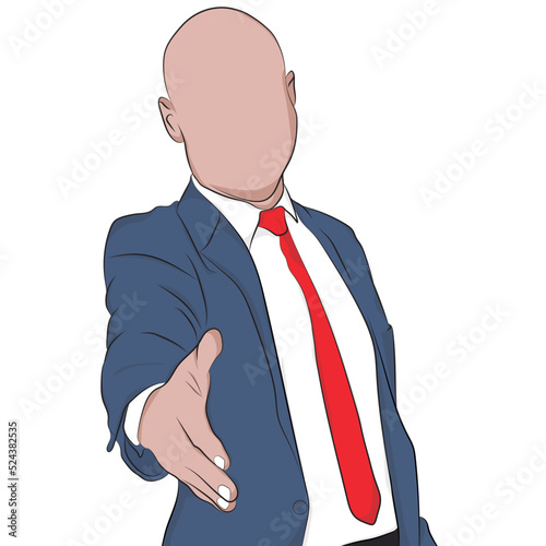 White ethnic man shaking hands. Model with elegant suit, frontal position.