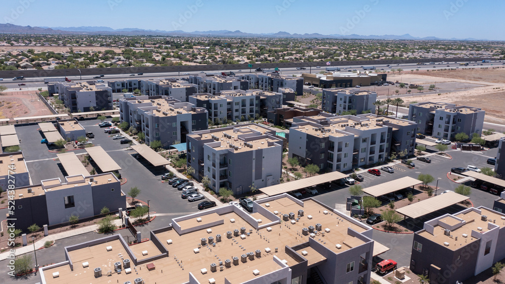 Afternoon aerial view of dense housing near downtown Goodyear, Arizona, USA.
