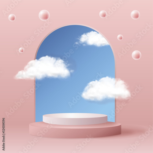 Realistic pink product podium with sky window and clouds  Product Display