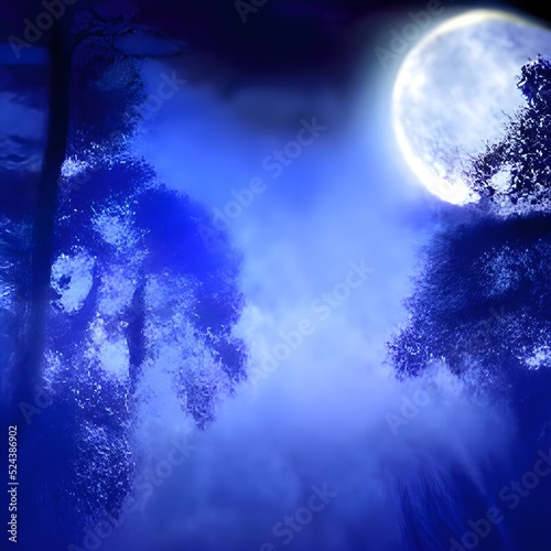 Mysterious Magical Fantasy Fairy Tale Forest at Night in the Full Moon light artwork