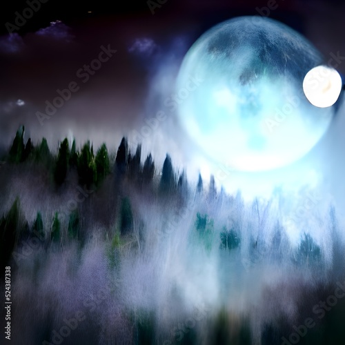 A magical night landscape with a fantasy forest, dark trees, a moon with rays of light, sky, clouds, paradise, luminous stars, an evening beautiful nature backdrop. illustration