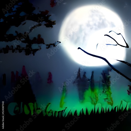 Dark enchanted photo of a full moon in the trees branches background. Blue fairy-tale colors © Anupam