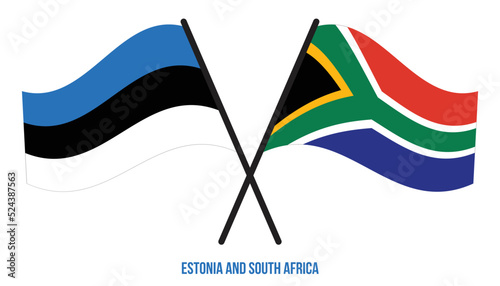 Estonia and South Africa Flags Crossed And Waving Flat Style. Official Proportion. Correct Colors.