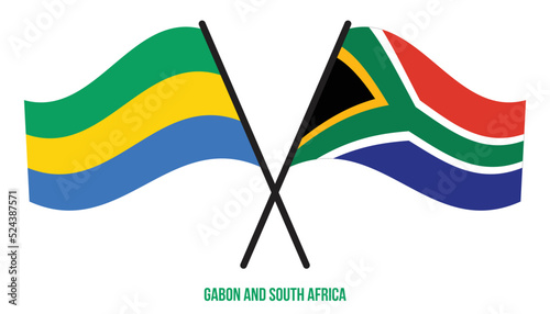Gabon and South Africa Flags Crossed And Waving Flat Style. Official Proportion. Correct Colors.