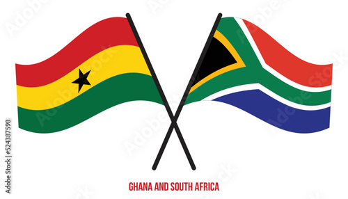 Ghana and South Africa Flags Crossed And Waving Flat Style. Official Proportion. Correct Colors.