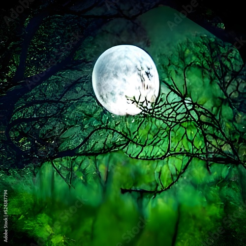 A magical night landscape with a fantasy forest, dark trees, a moon with rays of light, sky, clouds, paradise, luminous stars, an evening beautiful nature backdrop like a panorama. illustration 