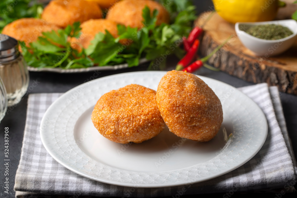 Kibbeh is a popular dish in Middle Eastern cuisine (Turkish name; icli kofte - Adana icli koftesi) Kibbeh is a popular dish in Middle Eastern cuisine (Turkish name; icli kofte - Adana icli koftesi)