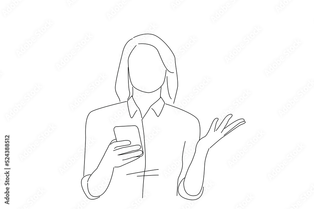 Illustration of confused young beautiful woman using mobile phone. One line art Illustration of confused young beautiful woman using mobile phone. One line art