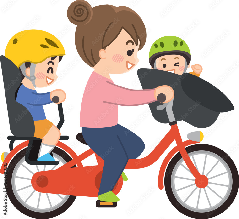 自転車に子供を二人乗せて走るお母さん　ママチャリ　子乗せ自転車