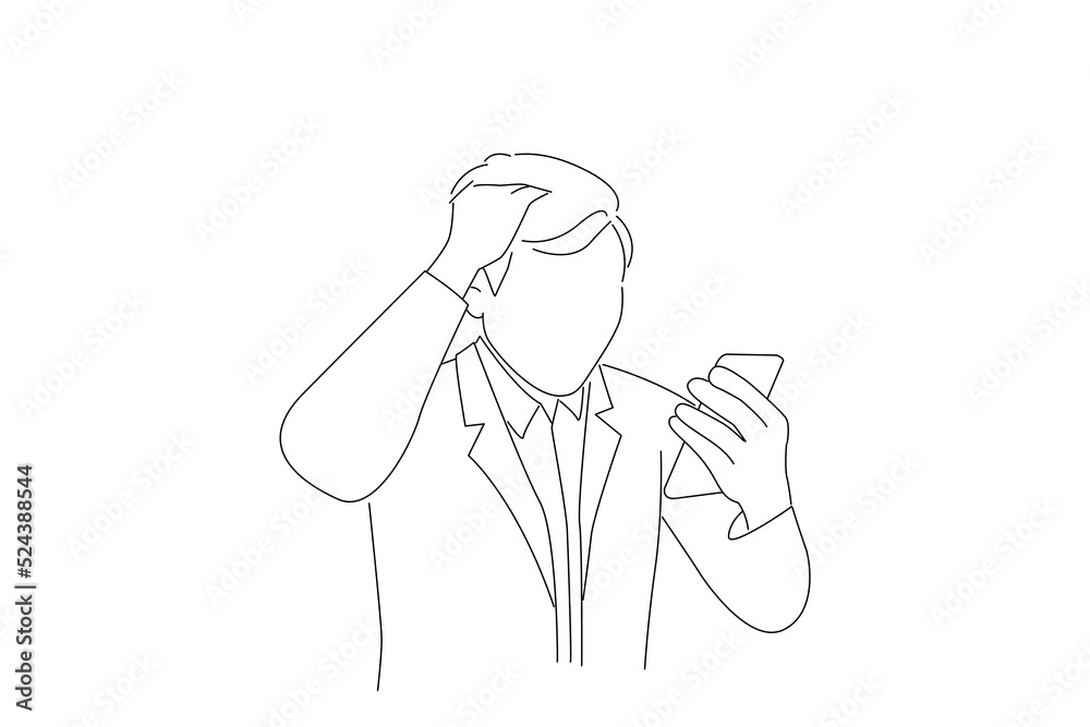 Cartoon of shocked and scary businessman get yelled from smartphone. Outline drawing style art Cartoon of shocked and scary businessman get yelled from smartphone. Outline drawing style art